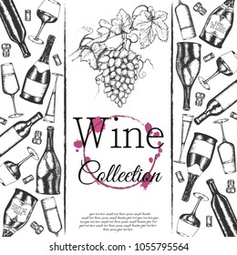Background with painted bottles of wine, glasses, stoppers and a bunch of grapes. Retro style.