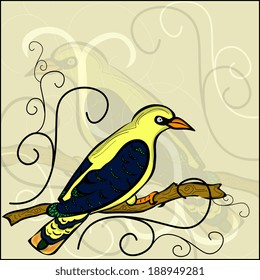 background with painted oriole sitting on a branch