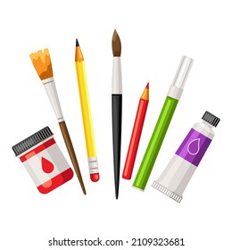 Background with painter tools and materials. Art supplies for creativity.