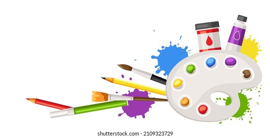 Background with painter tools and materials. Art supplies for creativity.