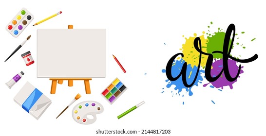 Background with painter tools and materials. Art supplies for creativity.