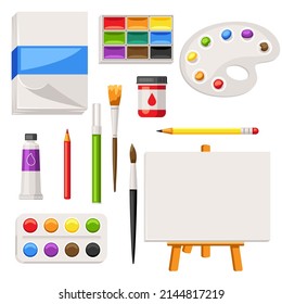 Background with painter tools and materials. Art supplies for creativity.