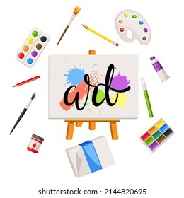 Background with painter tools and materials. Art supplies for creativity.