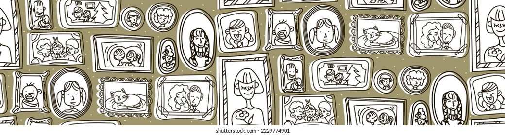 Background with paintings on the wall in doodle style. Frames of family photos hang on the wall. A seamless pattern in a vector. Suitable for printing on textiles and paper. The idea for the interior.