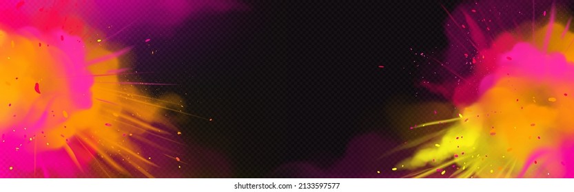 Background with paints explosion, banner template for Holi festival with pink, yellow and orange powder clouds. Horizontal border with color splashes, colorful clouds, Realistic 3d vector illustration