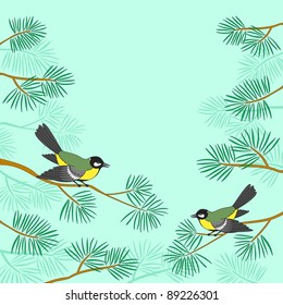 Background, pair birds titmouse sitting on pine branches against green sky. Vector