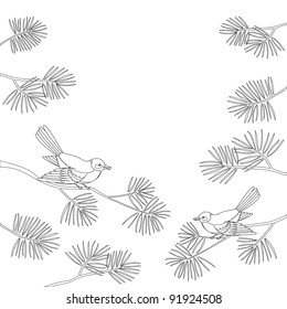 Background, pair birds titmouse sitting on pine branches. Vector