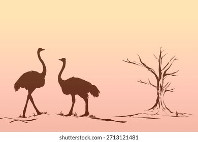 background with a pair of ostriches in a desert with trees