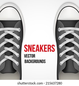 Background of Pair of simple black classic sneakers. Example gumshoes. Realistic Editable Vector Illustration.