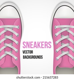 Background of Pair of simple pink classic sneakers. Example gumshoes. Realistic Editable Vector Illustration.