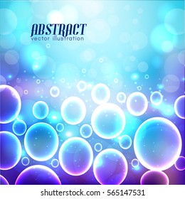 Background from pale to dark blue color with bubbles of various size and blurred lights vector illustration