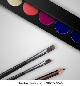 Background with palette with eye shadows, brushes and eyeliner. Vector illustration.