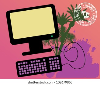Background with the palm, computer and words Vacation, Holiday, Sun, vector illustration
