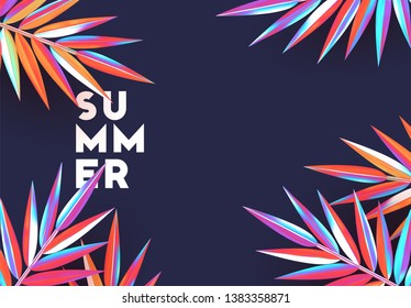 Background palm leaves branches of gradient color. Summer banner, poster with 3d objects fluorescent shade