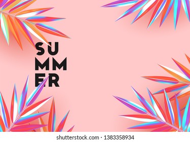 Background palm leaves branches of gradient color. Summer banner, poster with 3d objects fluorescent shade