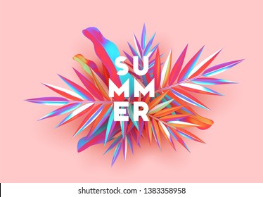 Background palm leaves branches of gradient color. Summer banner, poster with 3d objects fluorescent shade