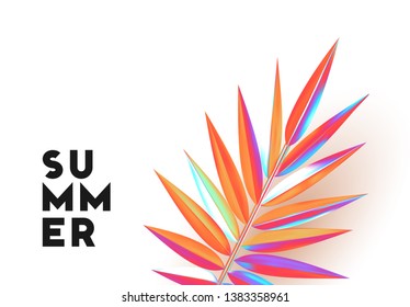 Background palm leaves branches of gradient color. Summer banner, poster with 3d objects fluorescent shade