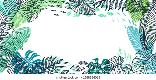 Background with palm leaves. Decorative image of tropical foliage and plants.