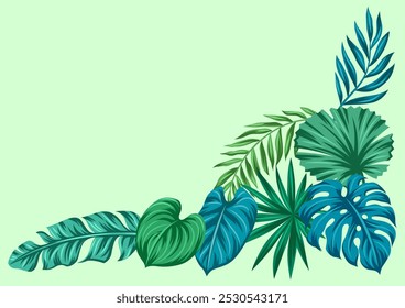 Background with palm leaves. Decorative image of tropical foliage and plants.