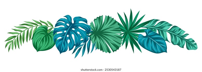 Background with palm leaves. Decorative image of tropical foliage and plants.