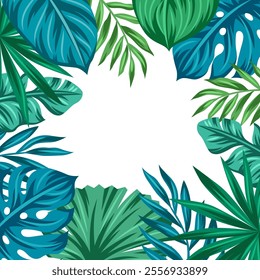 Background with palm leaves. Decorative image of tropical foliage and plants.