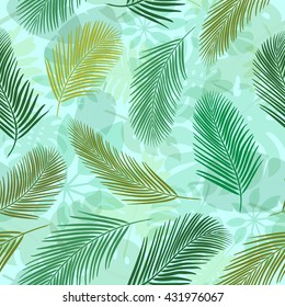 Background with palm leaves. Seamless pattern for web, print, wallpaper, wrapping, packaging design, scrapbook, spring summer fashion fabric, textile design. Jungle pattern.