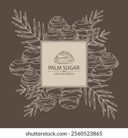 Background with palm sugar: palm sugar, palm leaves. Vector hand drawn illustration.