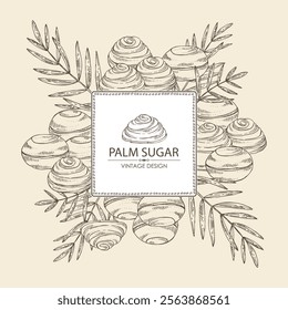 Background with palm sugar: palm sugar, palm leaves. Vector hand drawn illustration.