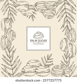 Background with palm sugar: palm sugar, palm leaves. Vector hand drawn illustration.