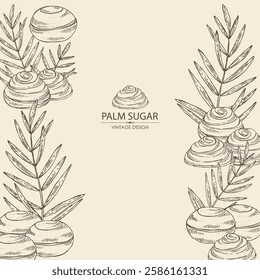 Background with palm sugar: palm sugar, palm leaves. Vector hand drawn illustration.