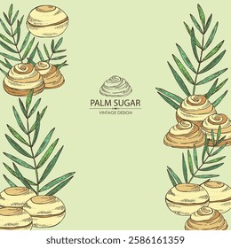 Background with palm sugar: palm sugar, palm leaves. Vector hand drawn illustration.