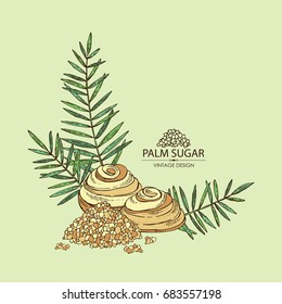 Background with palm sugar: sugar and palm leaves. Vector hand drawn illustration..