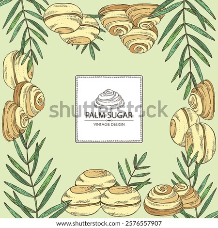 Background with palm sugar: palm sugar, palm leaves. Vector hand drawn illustration.