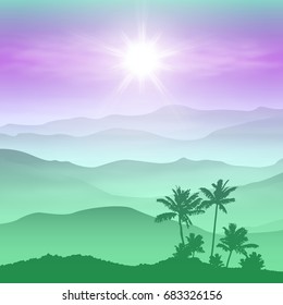 Background with palm tree and green mountains in the fog. EPS10 vector.