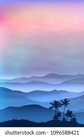 Background with palm tree and mountains in the fog