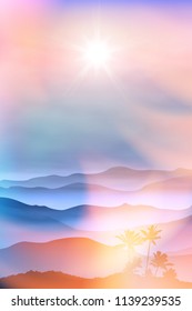 Background with palm tree and mountains in the fog