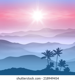 Fondo con palmeras y montañas en la niebla. Vector EPS10.