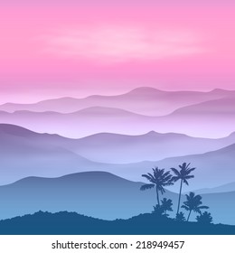 Background with palm tree and mountains in the fog. Sunset time. EPS10 vector.