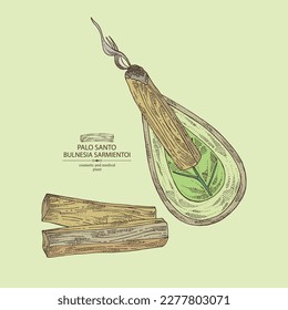 Background with palo santo: palo santo wood  and palo santo sticks. Bulnesia sarmientoi. Cosmetic, perfumery and medical plant. Vector hand drawn illustration