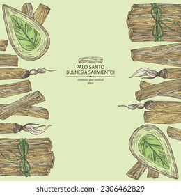 Background with palo santo: palo santo wood  and palo santo sticks. Bulnesia sarmientoi. Cosmetic, perfumery and medical plant. Vector hand drawn illustration