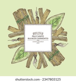 Background with palo santo: palo santo wood  and palo santo sticks. Bulnesia sarmientoi. Cosmetic, perfumery and medical plant. Vector hand drawn illustration