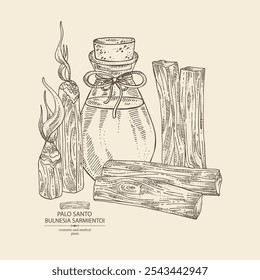 Background with palo santo: palo santo wood  and palo santo sticks and bottle of palo santo essential oil. Bulnesia sarmientoi. Cosmetic, perfumery, plant. Vector hand drawn