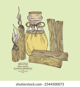 Background with palo santo: palo santo wood  and palo santo sticks and bottle of palo santo essential oil. Bulnesia sarmientoi. Cosmetic, perfumery, plant. Vector hand drawn