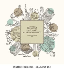 Background with palo santo: palo santo wood  and palo santo sticks. Bulnesia sarmientoi. Oil, soap and bath salt . Cosmetics and medical plant. Vector