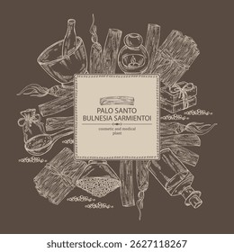 Background with palo santo: palo santo wood  and palo santo sticks. Bulnesia sarmientoi. Oil, soap and bath salt . Cosmetics and medical plant. Vector
