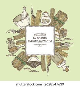 Background with palo santo: palo santo wood  and palo santo sticks. Bulnesia sarmientoi. Oil, soap and bath salt . Cosmetics and medical plant. Vector