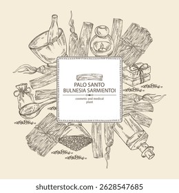 Background with palo santo: palo santo wood  and palo santo sticks. Bulnesia sarmientoi. Oil, soap and bath salt . Cosmetics and medical plant. Vector