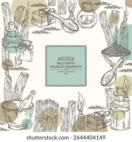 Background with palo santo: palo santo wood  and palo santo sticks. Bulnesia sarmientoi. Oil, soap and bath salt . Cosmetics and medical plant. Vector