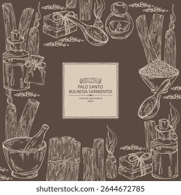 Background with palo santo: palo santo wood  and palo santo sticks. Bulnesia sarmientoi. Oil, soap and bath salt . Cosmetics and medical plant. Vector