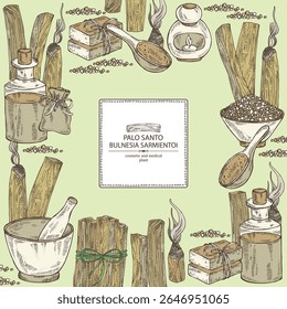 Antecedentes com palo santo: madeira palo santo e palo santo sticks. Bulnesia sarmientoi. Óleo, sabão e sal de banho . Cosméticos e planta médica. Vetor